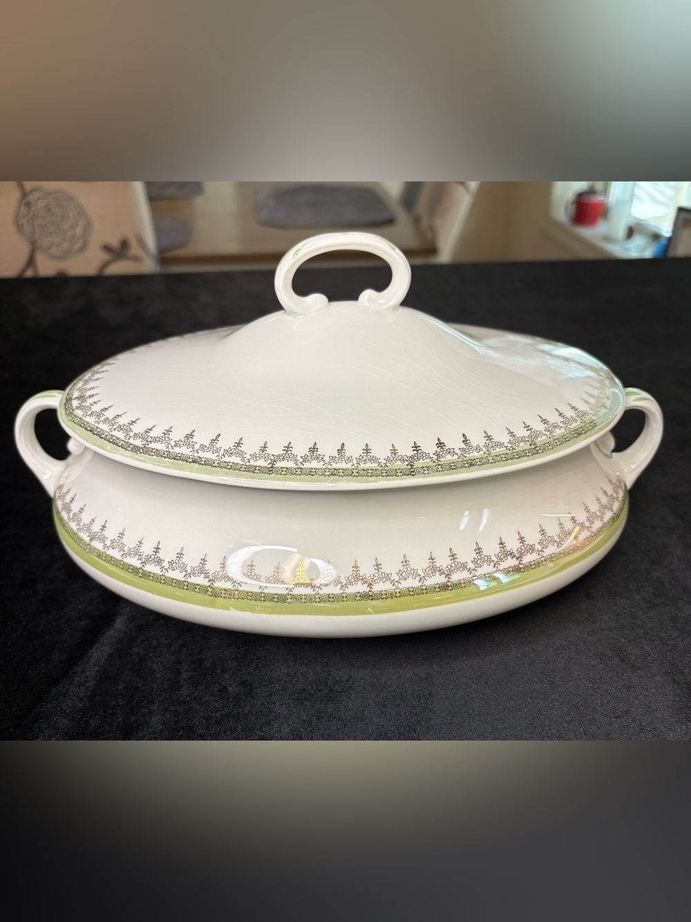 Vintage Homer Laughlin White Covered Serving Dish with Green and Gold Trim